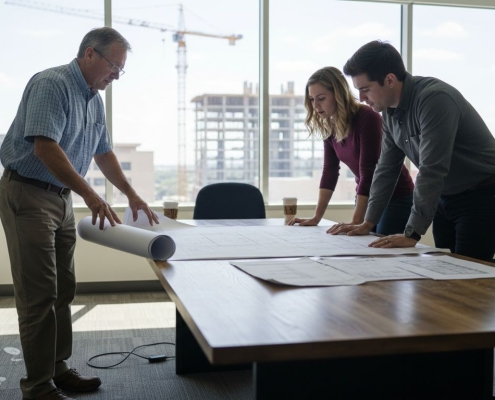 Engineers reviewing blueprints in Texas office