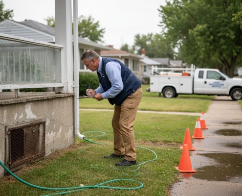 Home inspector checks house foundation with clipboard