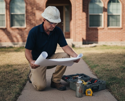 Engineer inspecting Texas home foundation outdoors