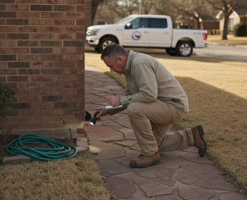 Engineer inspecting Texas house foundation outside