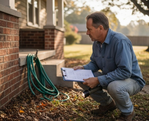 Inspector checks house foundation with checklist