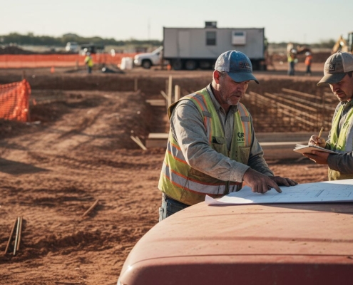 Engineer reviews blueprints at Texas construction site