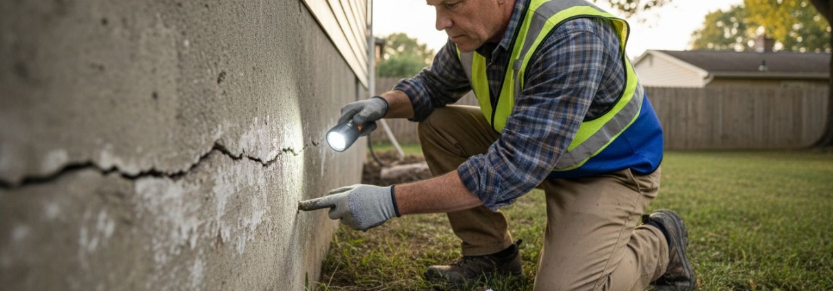 Engineer inspects cracked house foundation