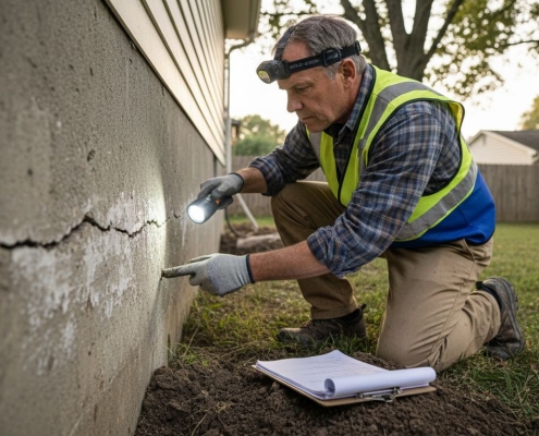 Engineer inspects cracked house foundation