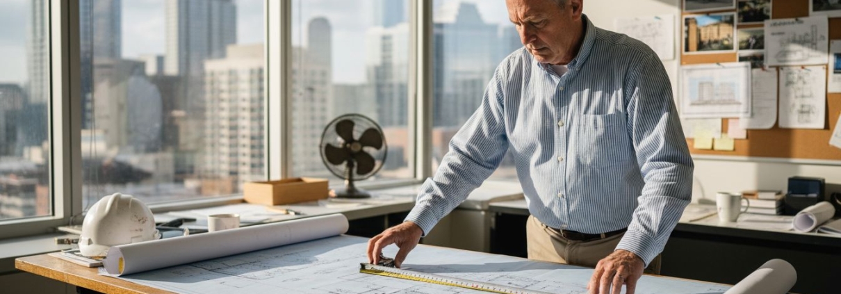 Texas engineer examining blueprints in office