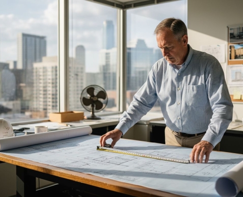 Texas engineer examining blueprints in office
