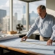 Texas engineer examining blueprints in office
