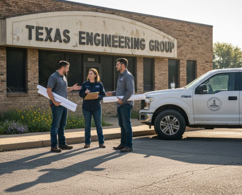 Engineers outside Texas office with blueprints