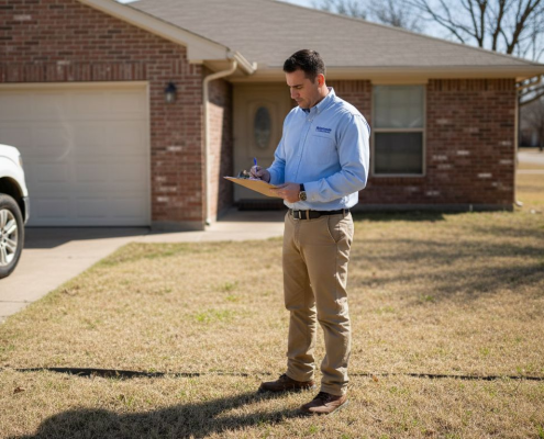 Inspector checks foundation crack at Texas home