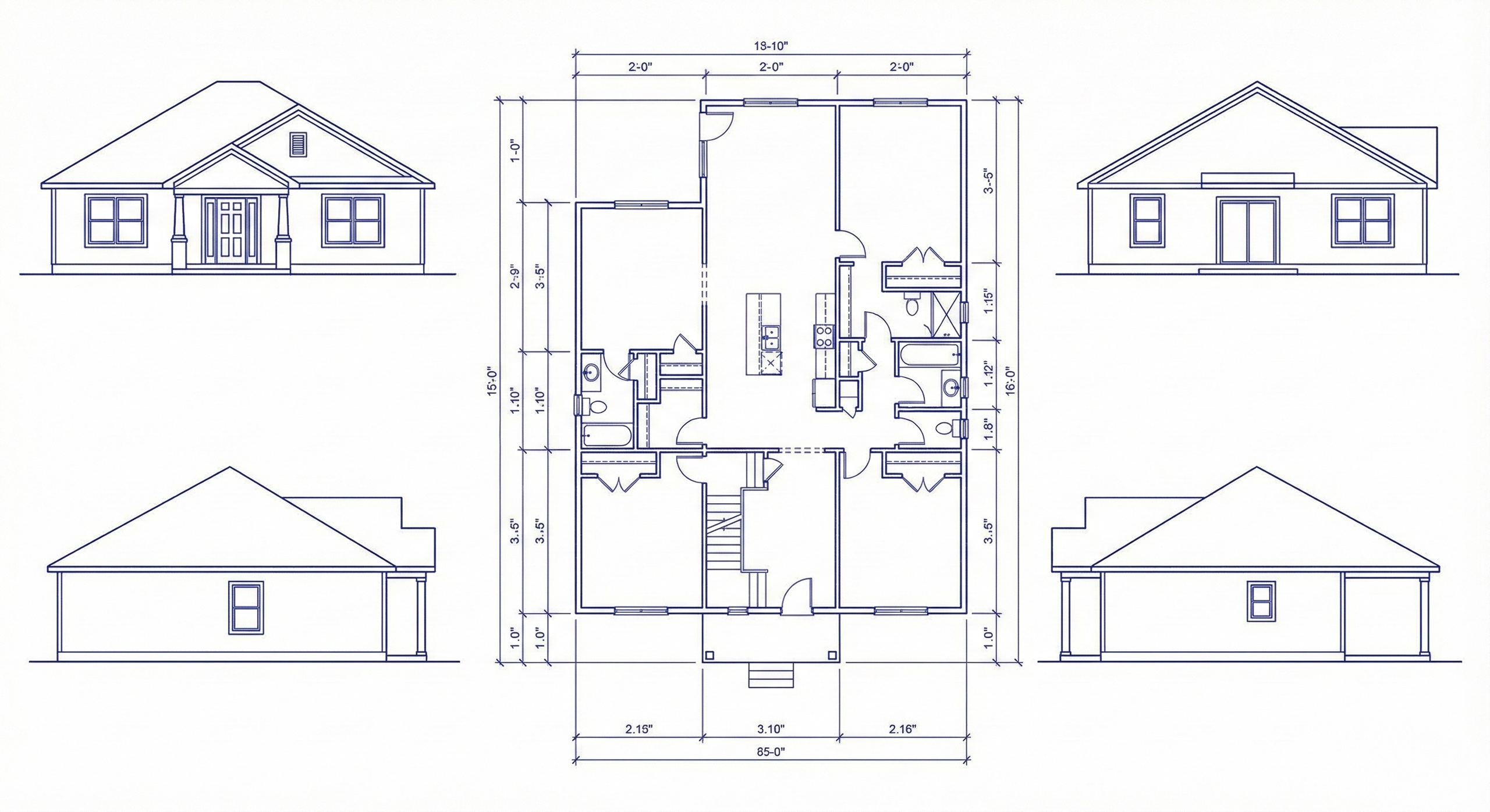 Residential floor plan and exterior elevation drawings with dimensions