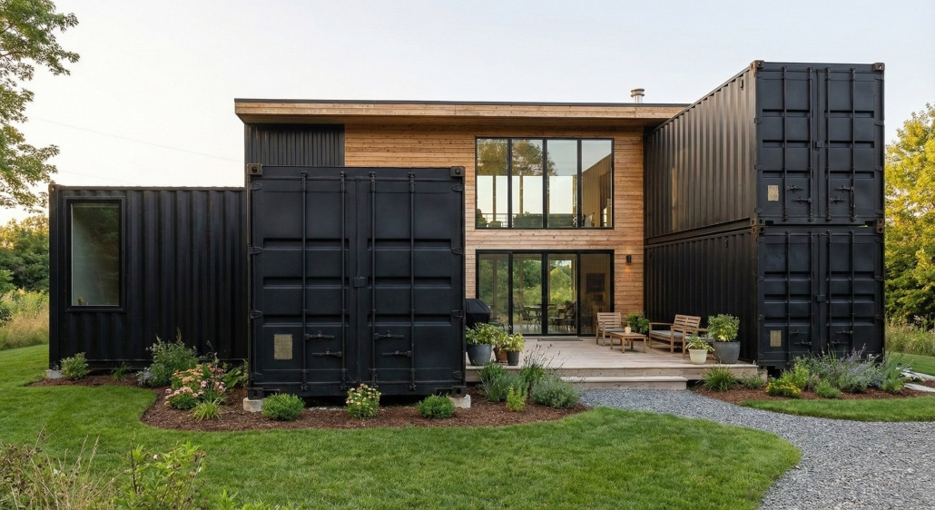 Residential structure constructed using stacked shipping containers with integrated framing and glazing