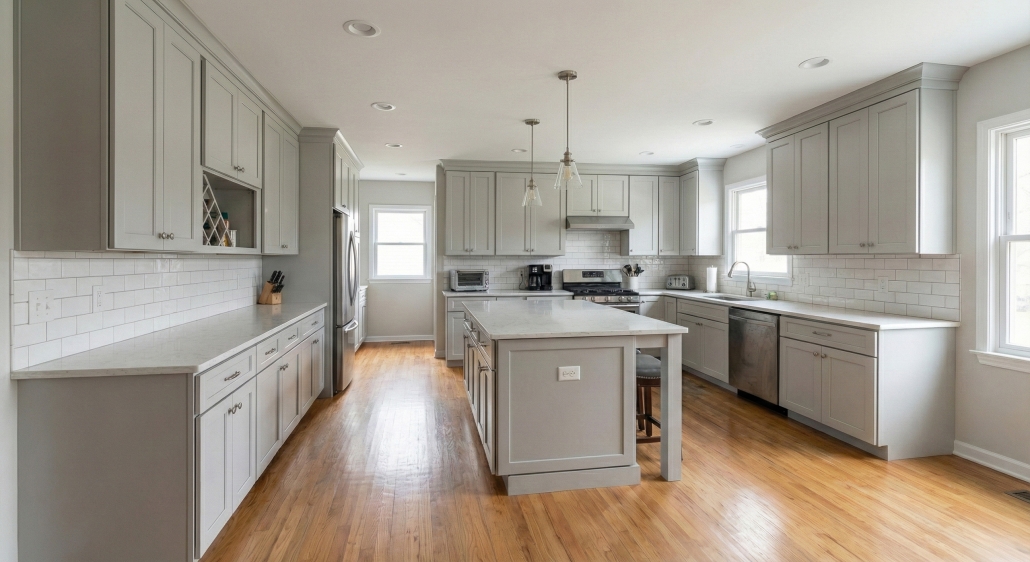 Renovated residential kitchen with updated cabinetry, island, and natural light