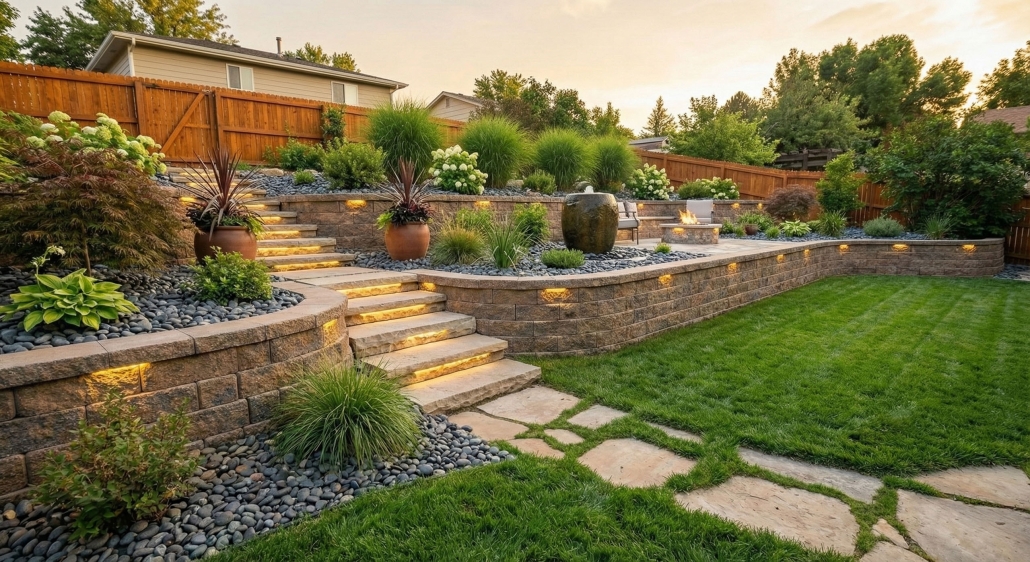 Terraced residential retaining wall system with integrated steps and landscape lighting