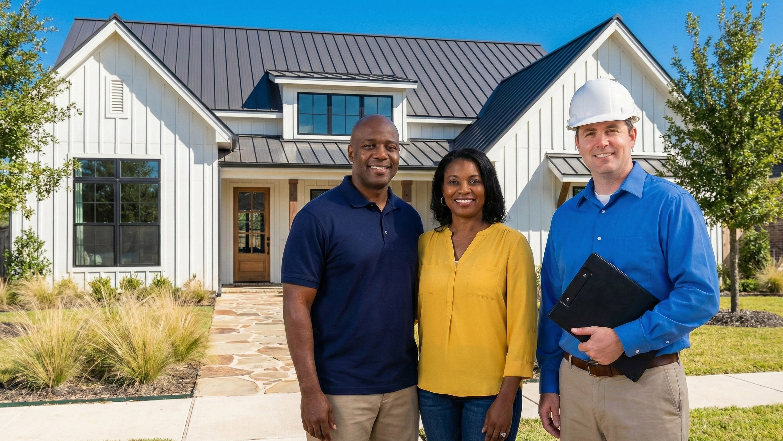 TLE Home Hero Thumbnail – Residential Inspection – 2560×1440 (Alt) Residential homeowners standing with a structural inspection professional in front of a newly constructed single-family home