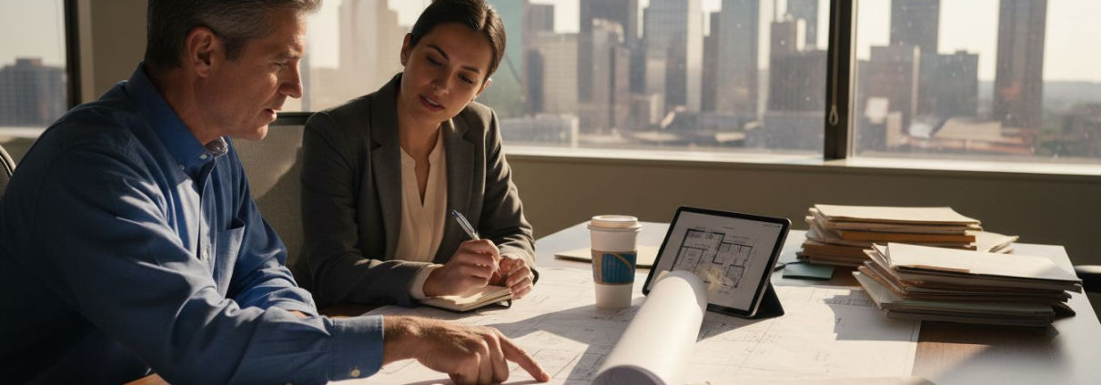 Engineer and developer review Texas real estate blueprints