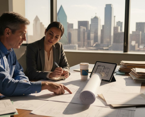 Engineer and developer review Texas real estate blueprints