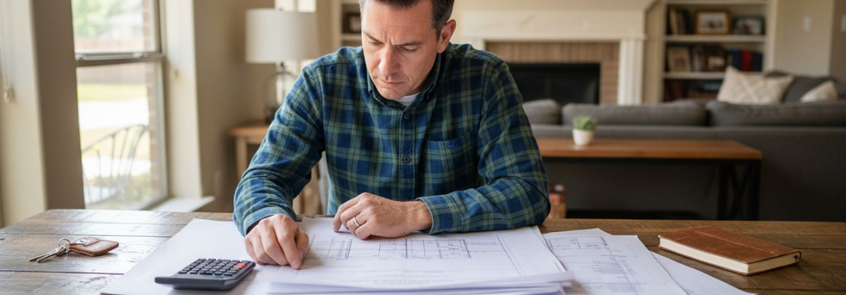 Engineer reviewing home calculation plans in Texas living room