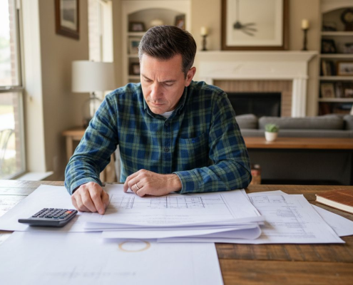 Engineer reviewing home calculation plans in Texas living room
