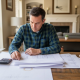 Engineer reviewing home calculation plans in Texas living room