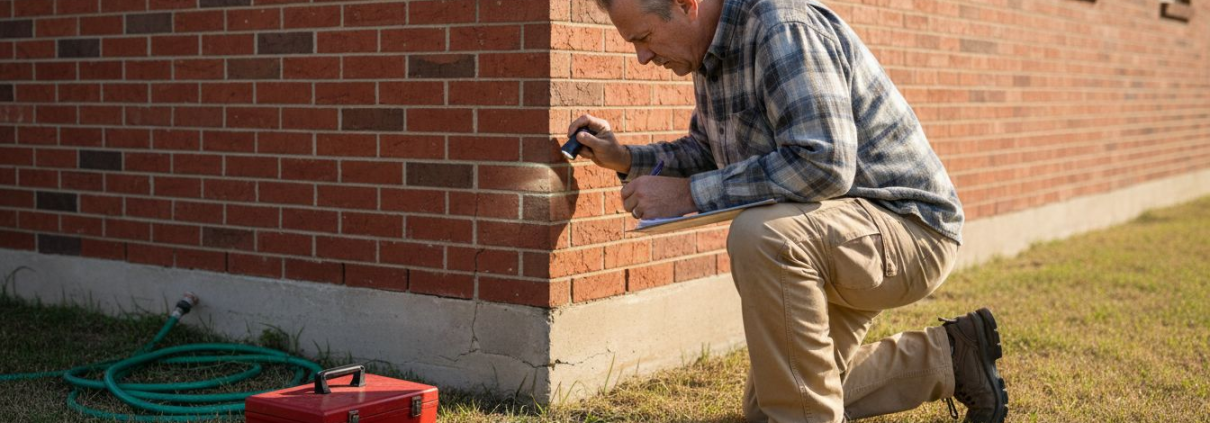 Inspector checks cracks on Texas home foundation