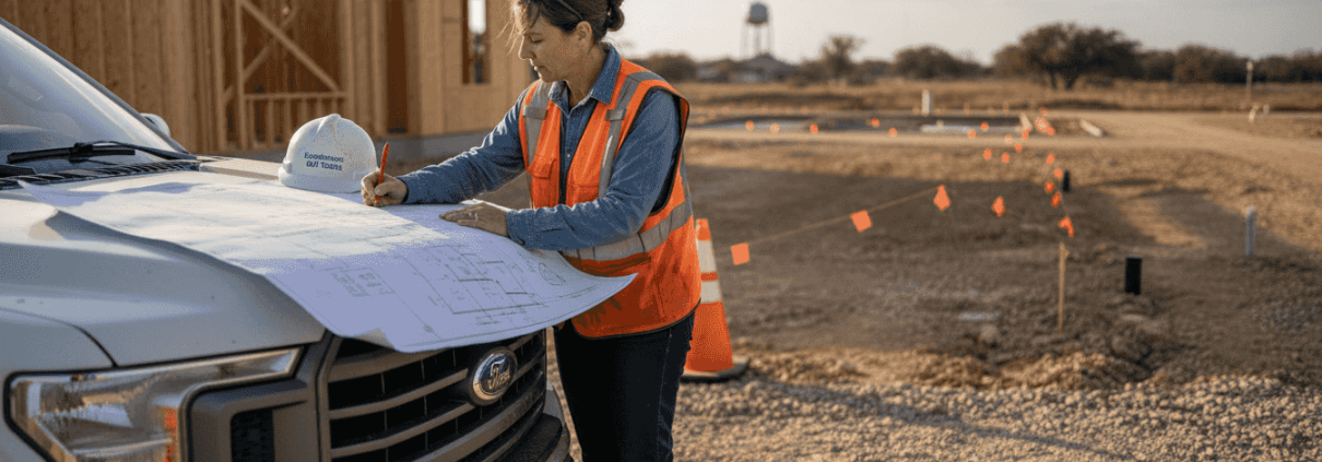 Engineer marking blueprints at Texas construction site