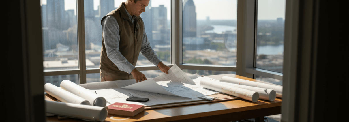 Engineer reviewing site plans in Austin office