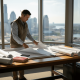Engineer reviewing site plans in Austin office
