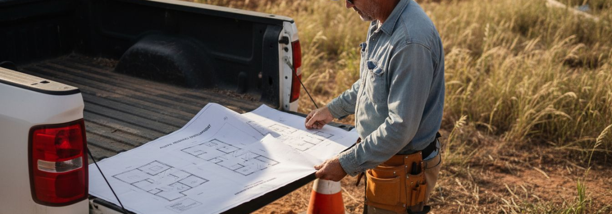 Contractor reviews blueprints on Texas home site