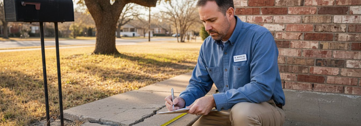 Engineer examining cracked Texas home foundation