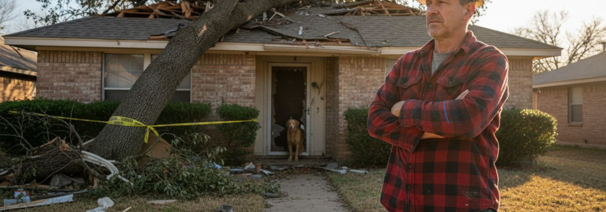 Homeowner inspects tree-fallen Texas roof