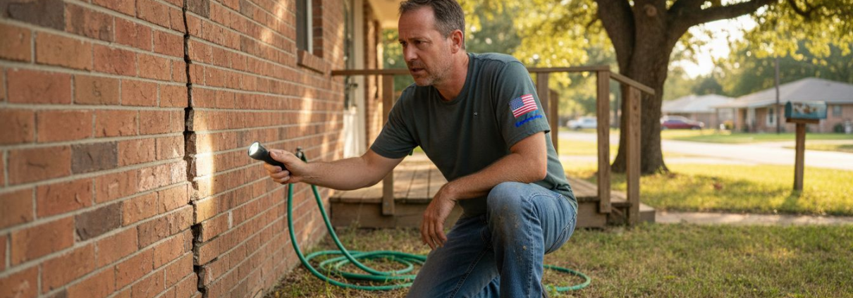 Homeowner inspecting Texas house foundation crack