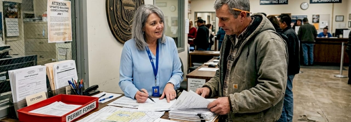 Contractor at Texas permit counter discussing forms