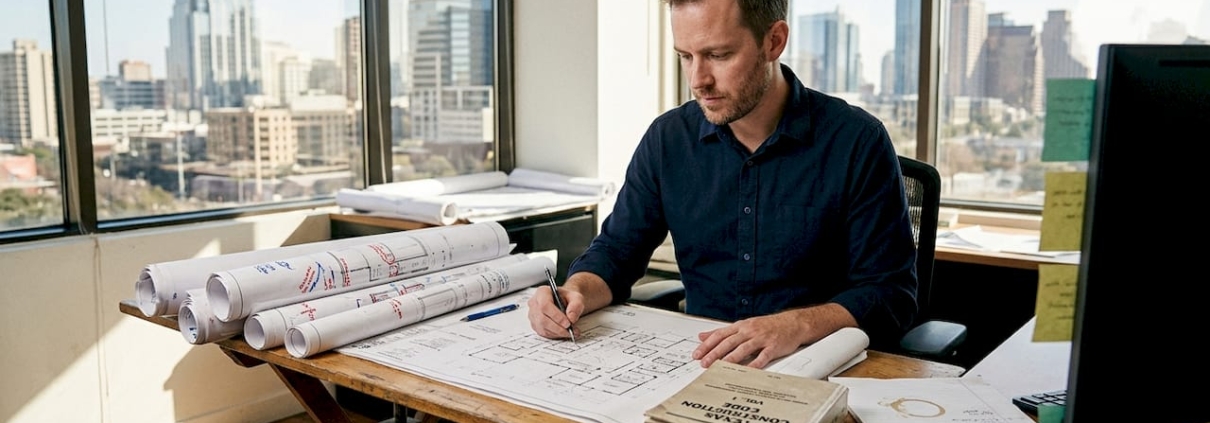 Texas architect sketching floor plan in office