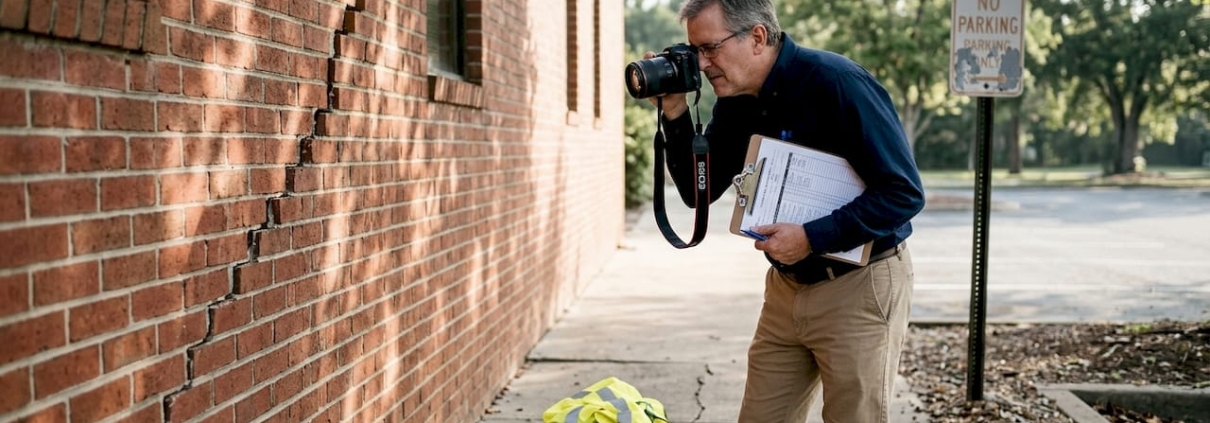Forensic engineer examines cracked building wall