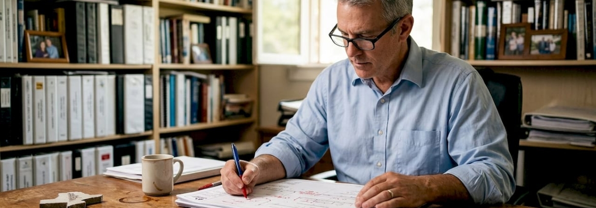 Engineer examining plans at cluttered home office desk