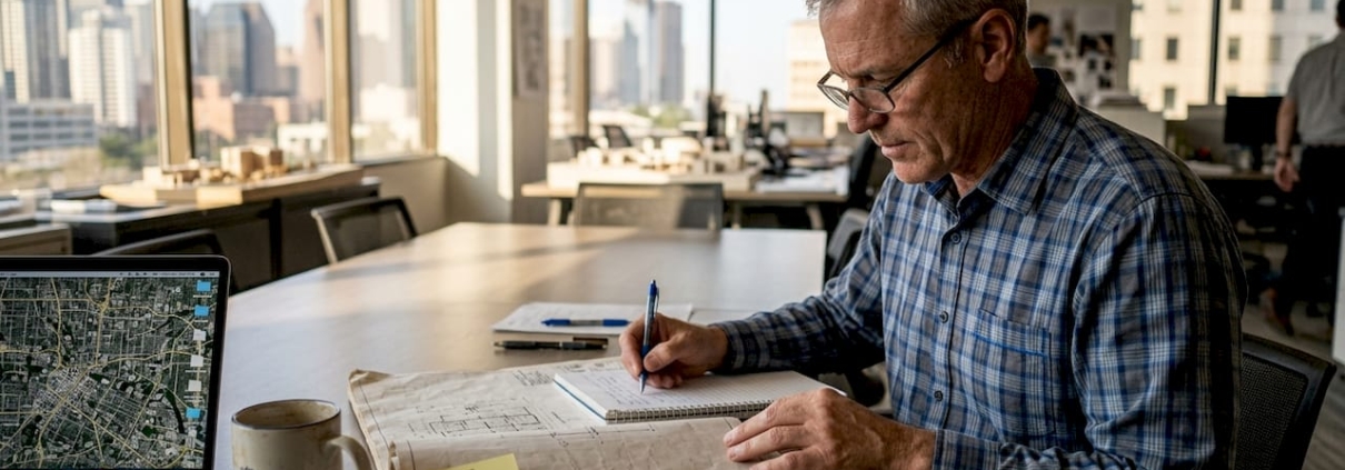 Architect reviewing printed Texas building plans