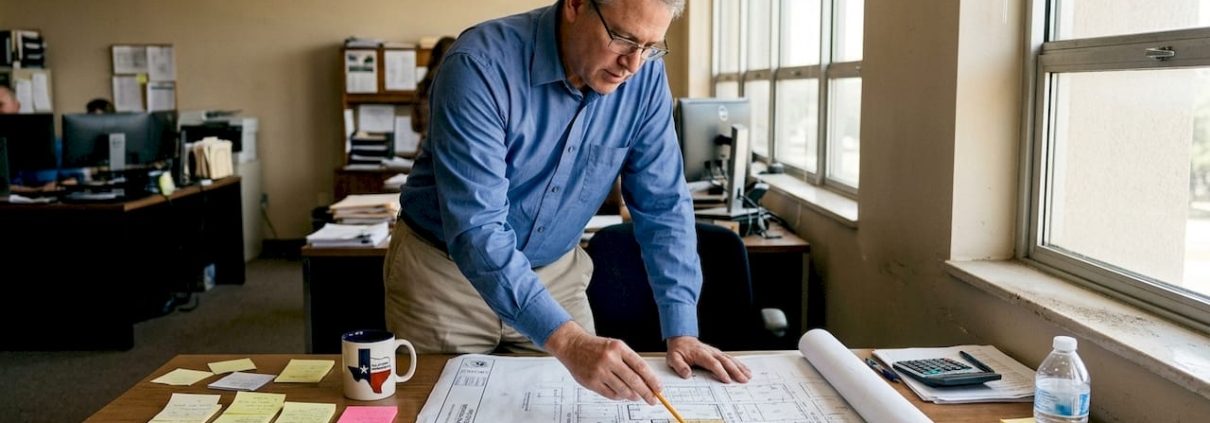 Architect examining Texas commercial site plans